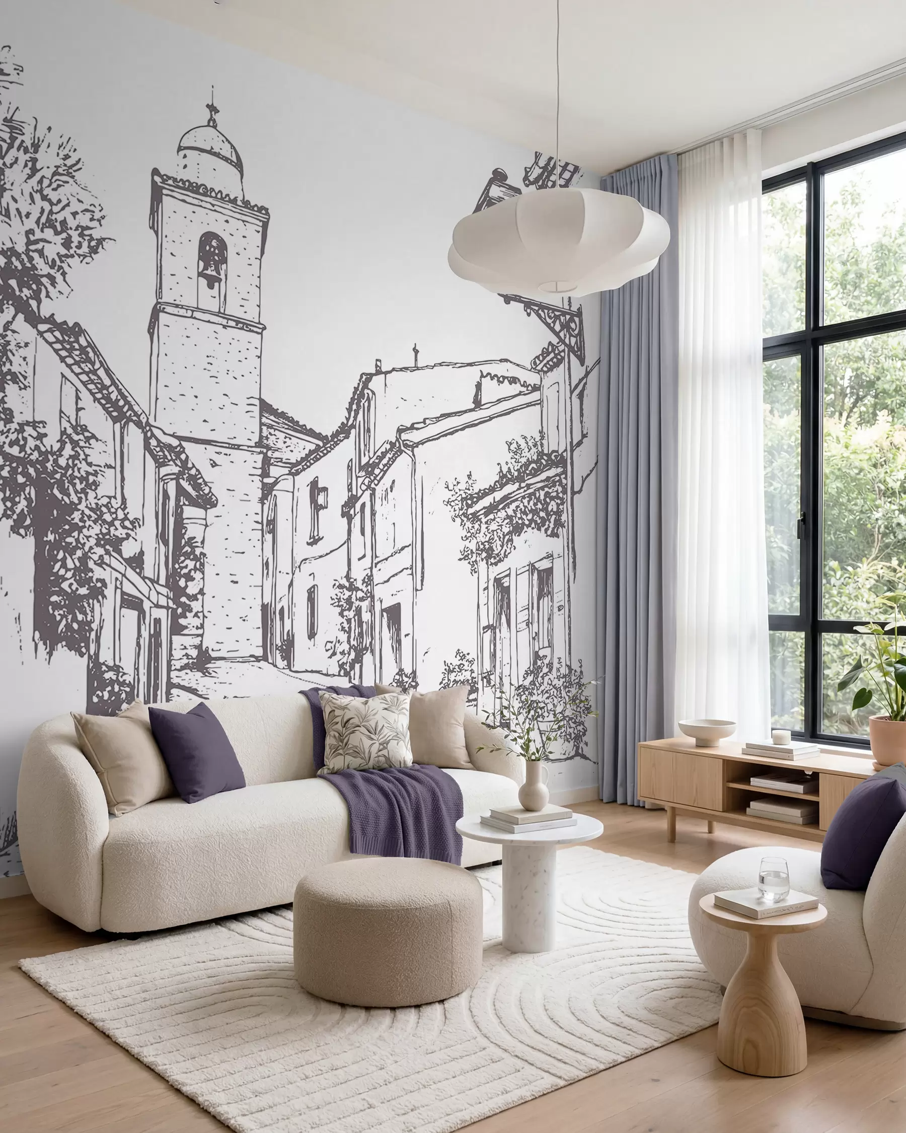 fototapeter Byens gade, smuk arkitektur, bygninger, Middelhavet, stregtegning, beige farve w03345v1