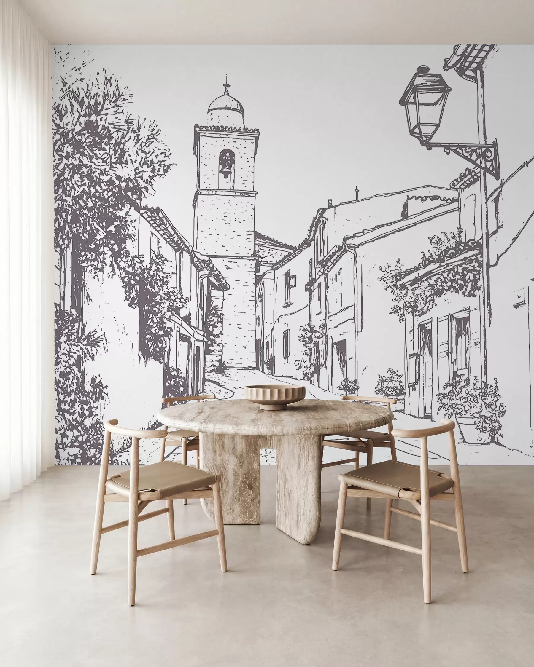 fototapeter Byens gade, smuk arkitektur, bygninger, Middelhavet, stregtegning, beige farve w03345v1