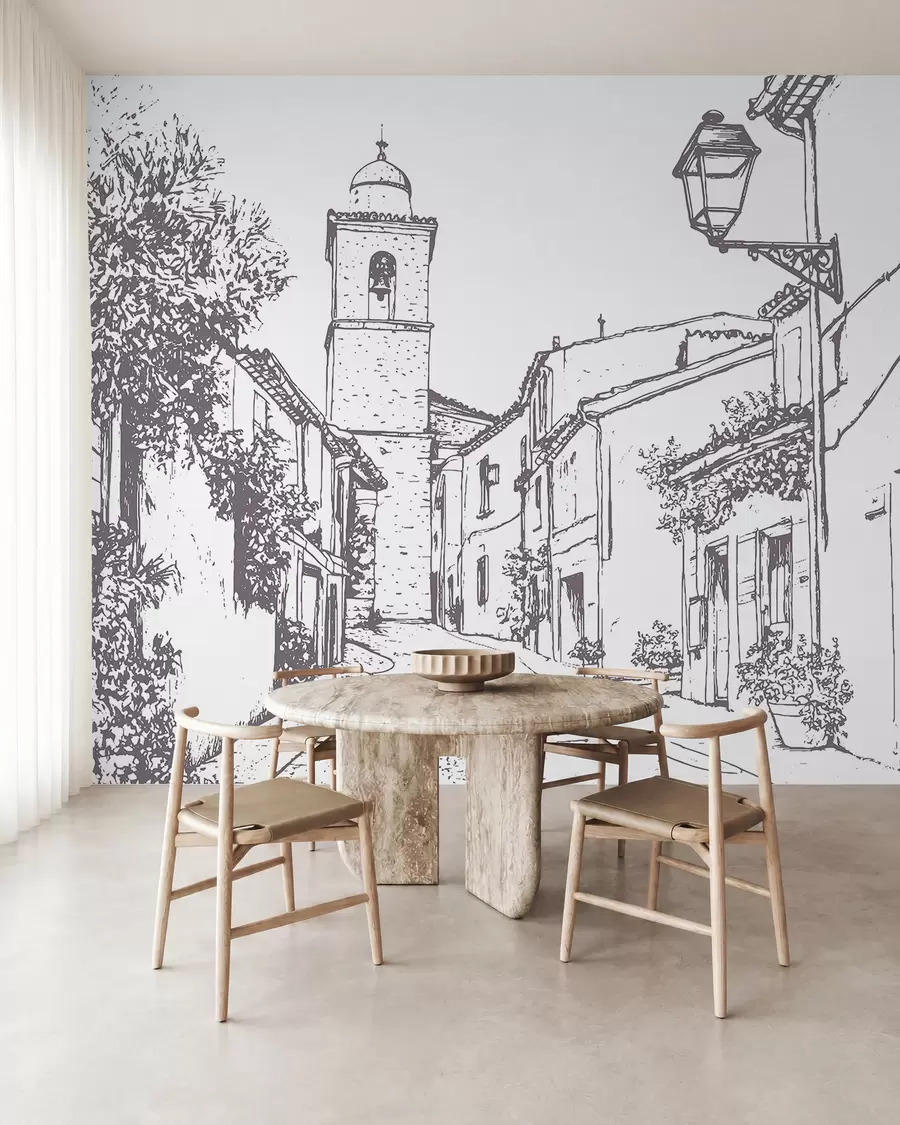 fototapeter Byens gade, smuk arkitektur, bygninger, Middelhavet, stregtegning, beige farve w03345v1