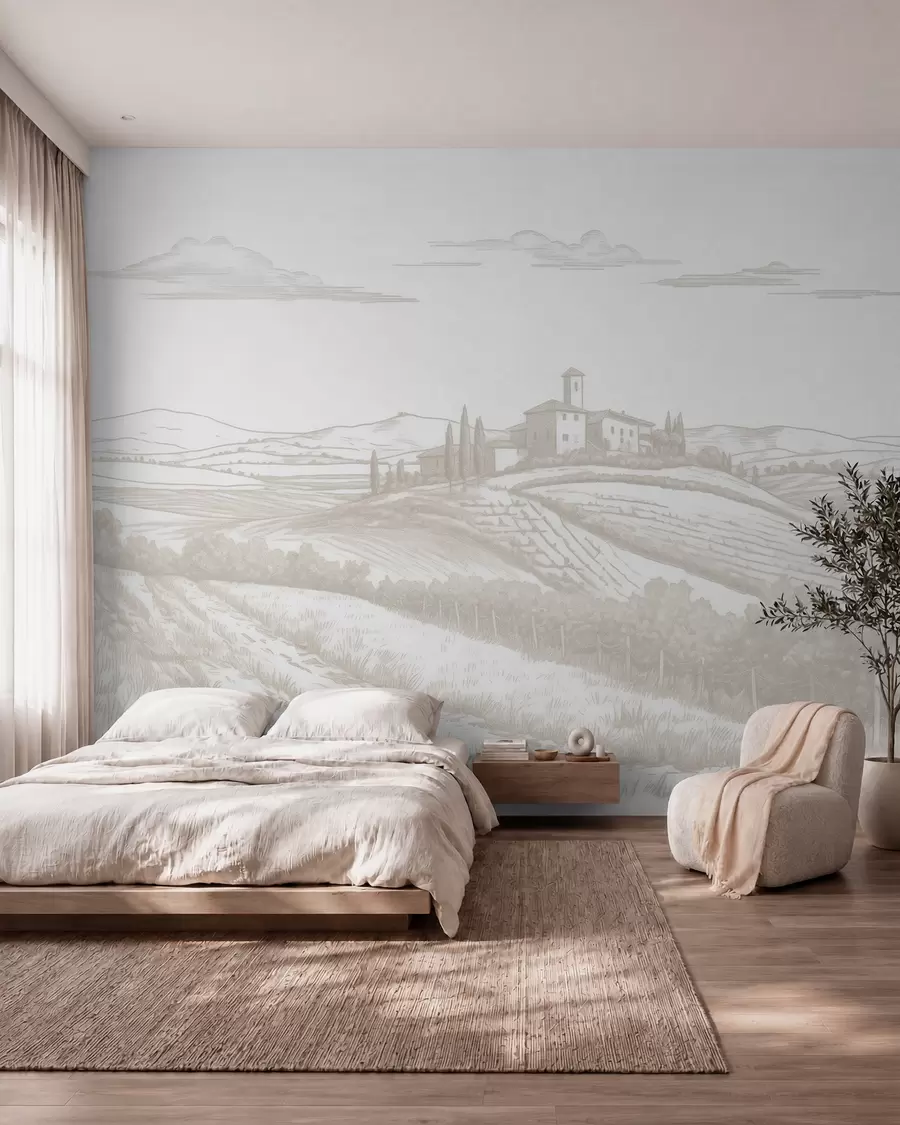 Murale Paysages de Toscane, Italie, vignobles, nature, vieux château, couleurs beiges w03349