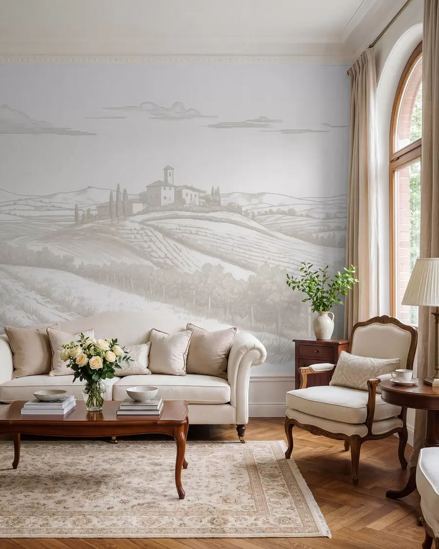 Murale Paysages de Toscane, Italie, vignobles, nature, vieux château, couleurs beiges w03349