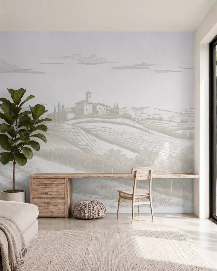 Murale Paysages de Toscane, Italie, vignobles, nature, vieux château, couleurs beiges w03349