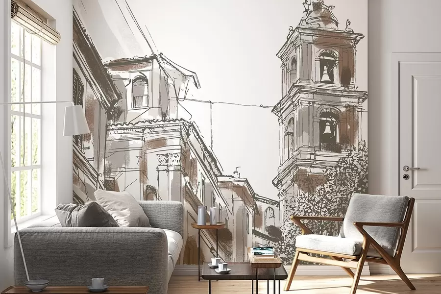 Fototapete Mediterrane Stadt Straße, Kapelle, Architektur, beige und braunen Farben w03350v1