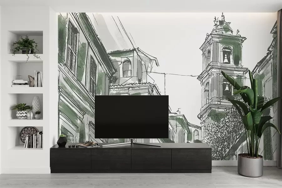Fototapete Mittelmeer-Stadtstraße, Kapelle, Architektur, graue und grüne Farben w03350v2