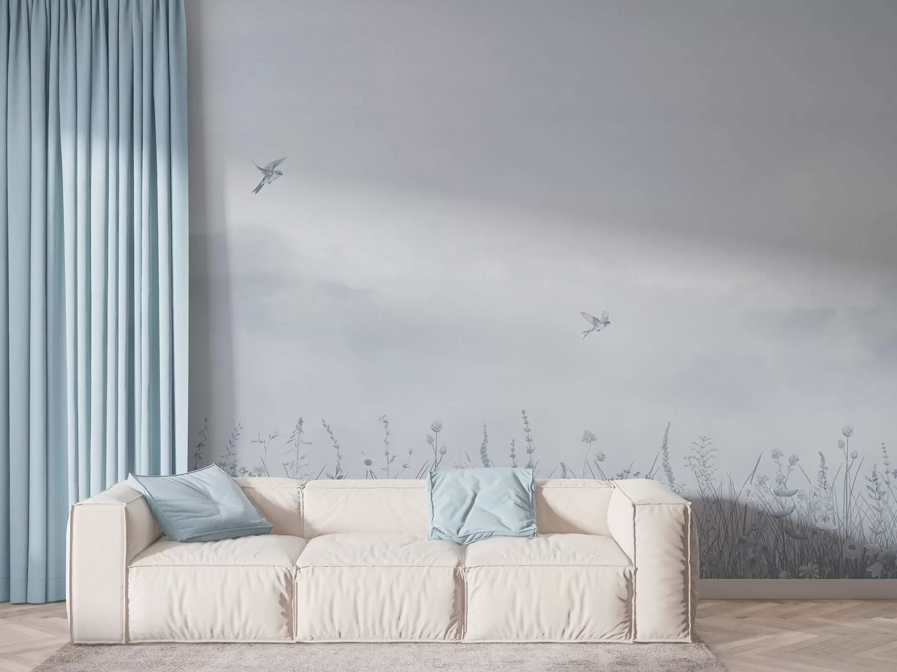 Fototapete Wilde Blumen und dunstiger Himmel in Blautönen w03391v1