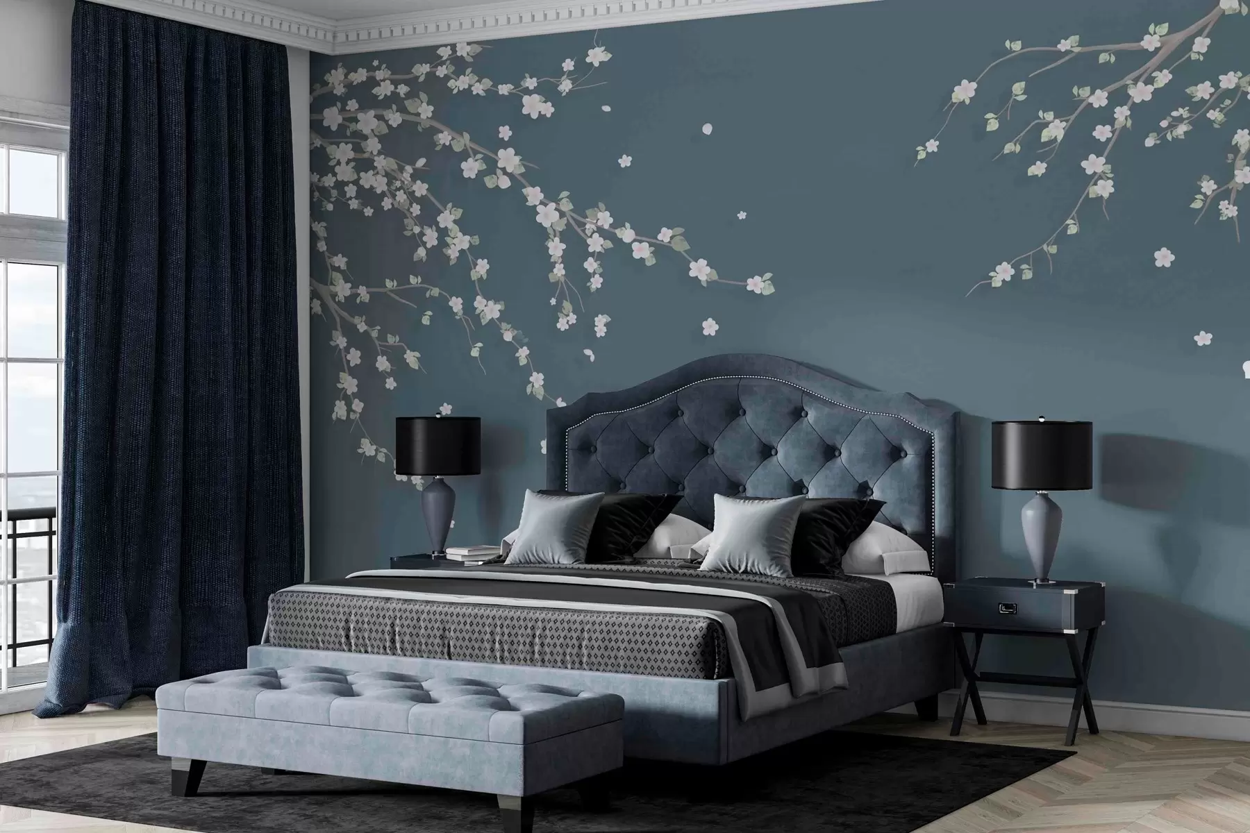 Fototapete Blühender Zweig auf dem Hintergrund einer Wand in blauem Grunge-Stil w03393v1