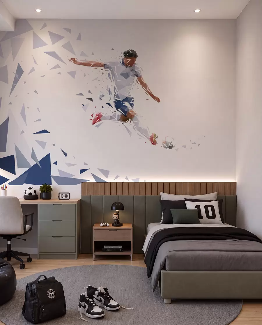 Murale Footballeur dynamique dans un style low-poly, frappant le ballon w03289