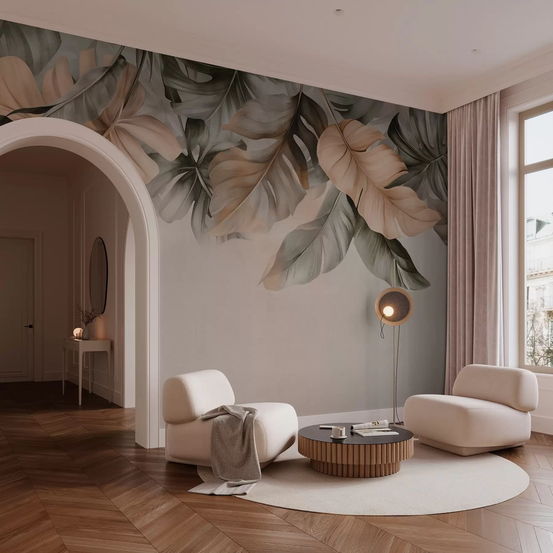 Murale Feuilles tropicales suspendues au sommet, sur un fond texturé w03290