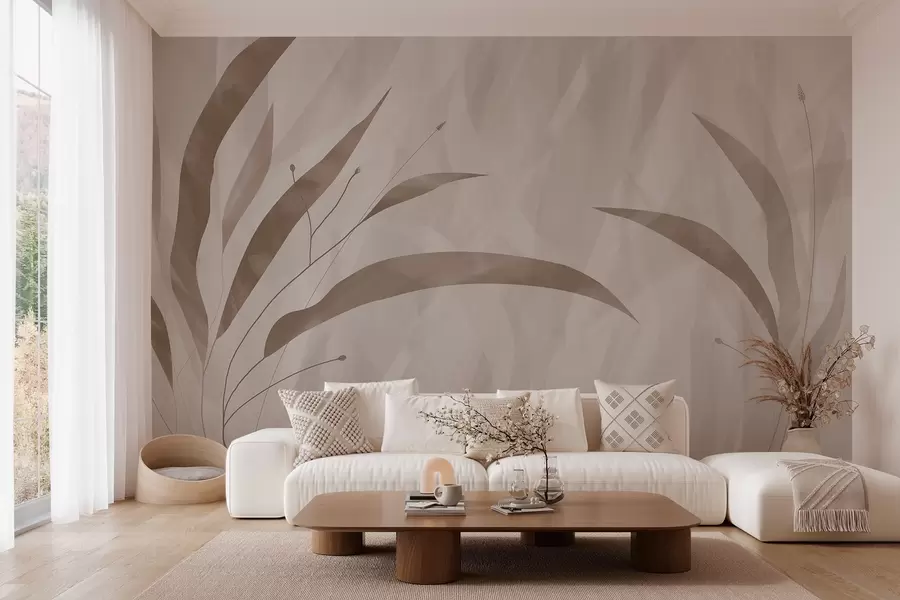 Murale Style écologique, plantes sur un fond hétérogène texturé dans les tons beiges w03394