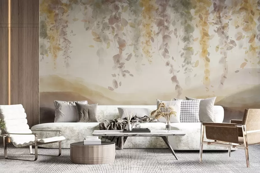 Fototapete Wisteria Blätter hängen über blauen Bergen, weichen Pastell gelb und braunen Farben, Aquarell-Stil Landschaft w08909v1