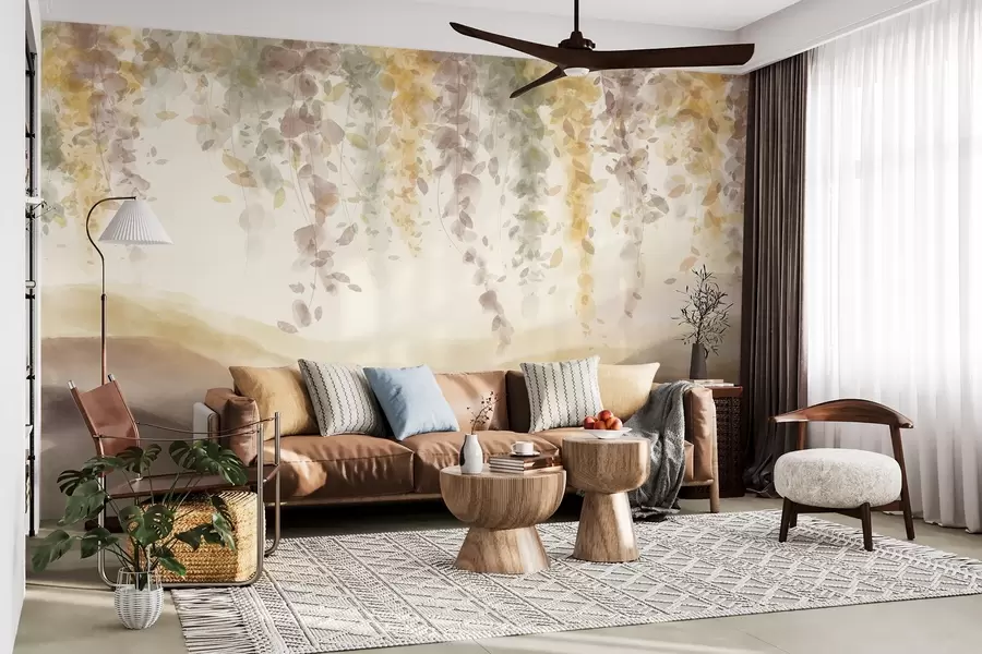 Fototapete Wisteria Blätter hängen über blauen Bergen, weichen Pastell gelb und braunen Farben, Aquarell-Stil Landschaft w08909v1