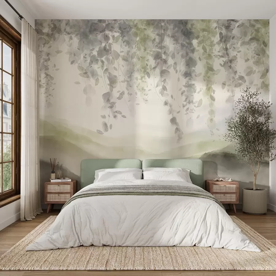 Fototapete Wisteria Blätter hängen über blauen Bergen, weichen Pastell grün und beige Farben, Aquarell-Stil Landschaft w08909v2