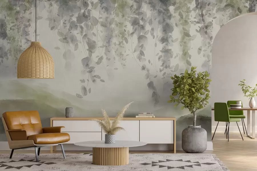 Fototapete Wisteria Blätter hängen über blauen Bergen, weichen Pastell grün und beige Farben, Aquarell-Stil Landschaft w08909v2