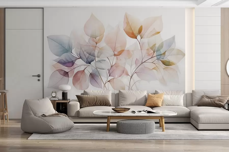 Fototapete Aquarellmalerei von durchscheinenden Blättern in Pastellfarben, mit Schattierungen von rosa, weiß, lila und blau w08910