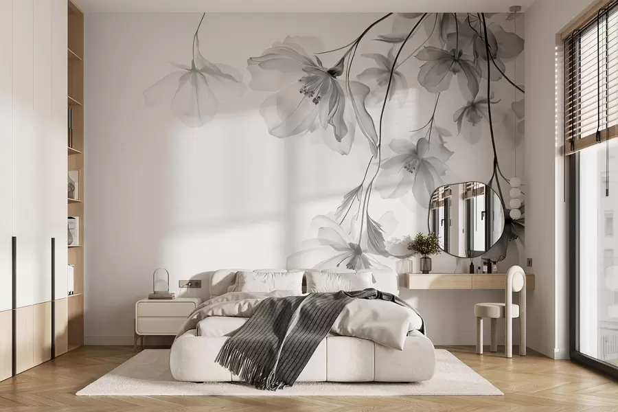 Murale Fleurs noires aux pétales translucides suspendues à une branche, noir et blanc, composition d'art moderne minimaliste w08911