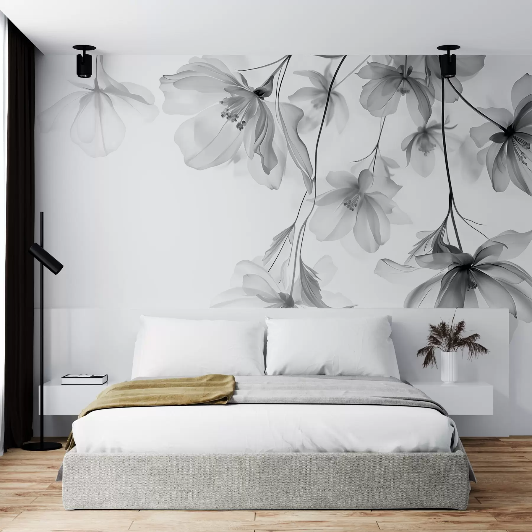 Fototapete Schwarze Blumen mit durchscheinenden Blütenblättern hängen von einem Zweig, schwarz und weiß, minimalistische moderne Kunst Komposition w08911