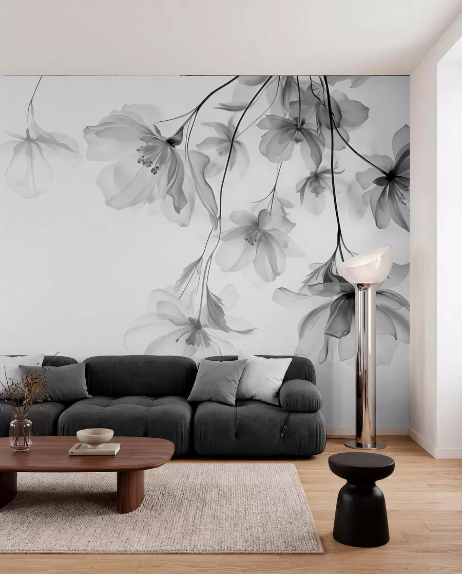 fototapeter Sorte blomster med gennemsigtige kronblade, der hænger fra en gren, sort og hvid, minimalistisk moderne kunstkomposition w08911