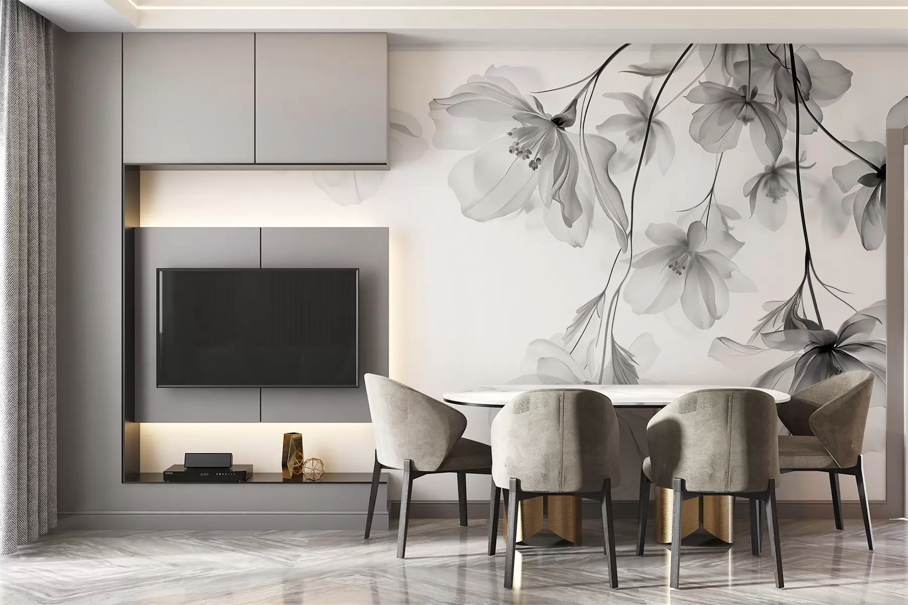Murale Fleurs noires aux pétales translucides suspendues à une branche, noir et blanc, composition d'art moderne minimaliste w08911
