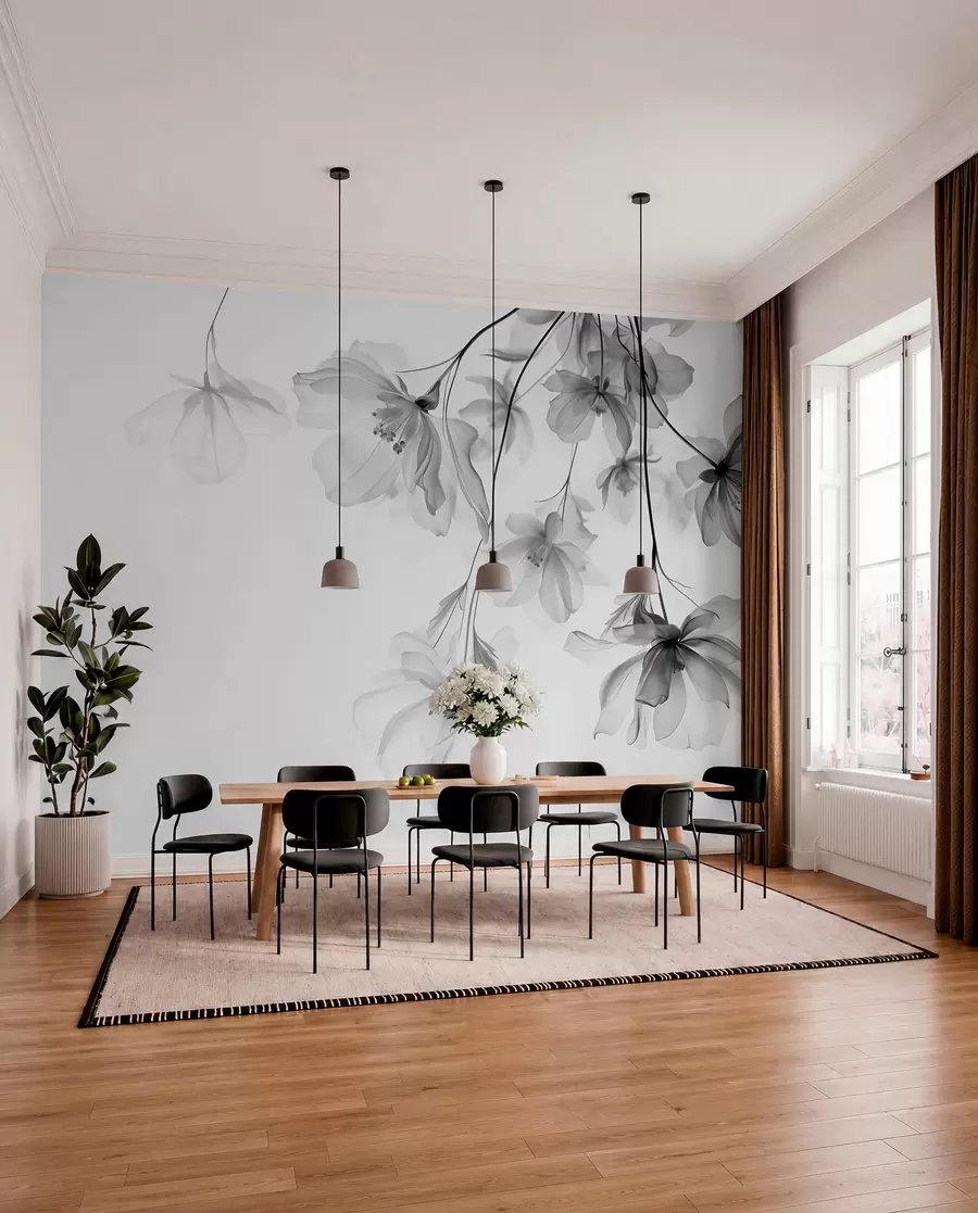 Fototapete Schwarze Blumen mit durchscheinenden Blütenblättern hängen von einem Zweig, schwarz und weiß, minimalistische moderne Kunst Komposition w08911