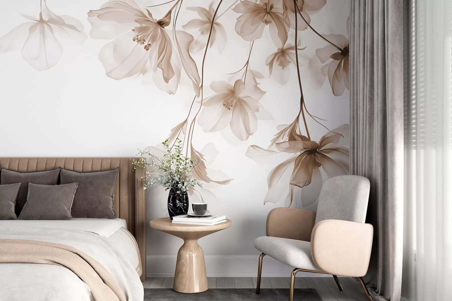 Fototapete Beige Blumen mit durchscheinenden Blütenblätter hängen von einem Zweig, beige und weiß, minimalistische moderne Kunst Komposition w08911v1