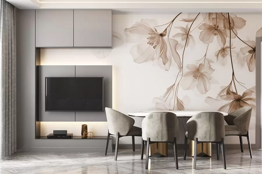 Fototapete Beige Blumen mit durchscheinenden Blütenblätter hängen von einem Zweig, beige und weiß, minimalistische moderne Kunst Komposition w08911v1