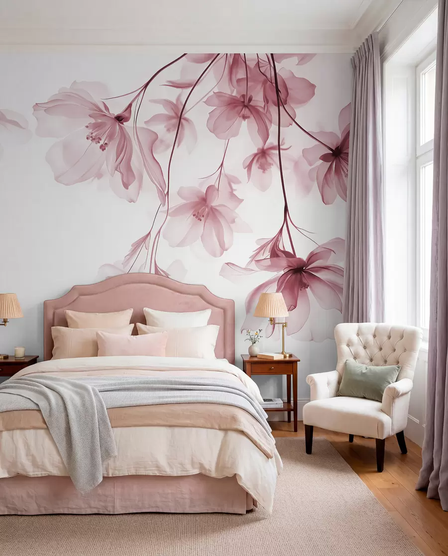 fototapeter Lyserøde blomster med gennemsigtige kronblade hængende fra en gren, lyserød og hvid, minimalistisk moderne kunstkomposition w08911v2