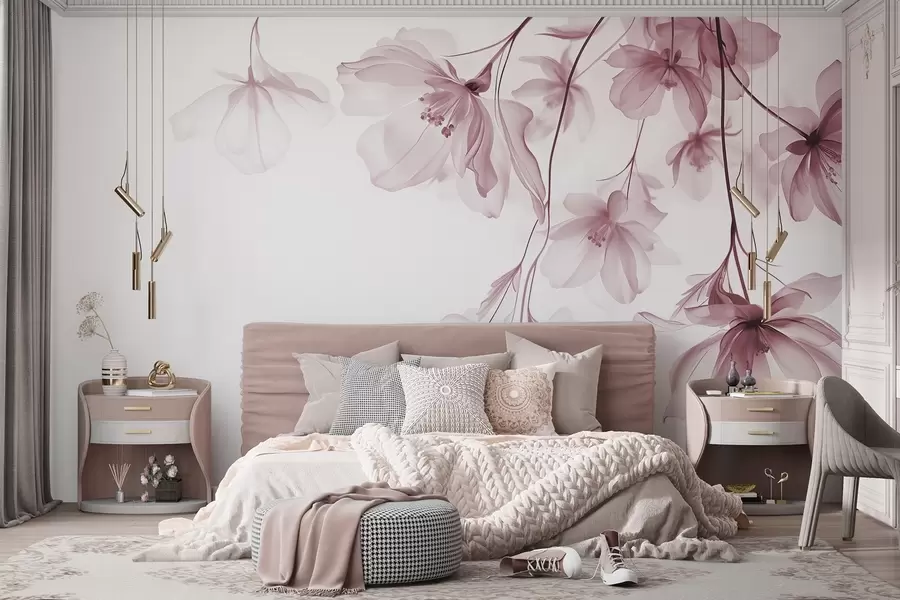 fototapeter Lyserøde blomster med gennemsigtige kronblade hængende fra en gren, lyserød og hvid, minimalistisk moderne kunstkomposition w08911v2