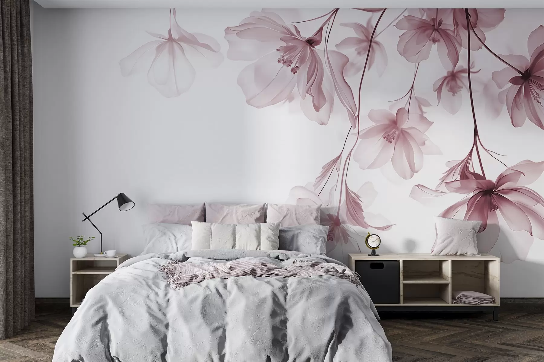 fototapeter Lyserøde blomster med gennemsigtige kronblade hængende fra en gren, lyserød og hvid, minimalistisk moderne kunstkomposition w08911v2