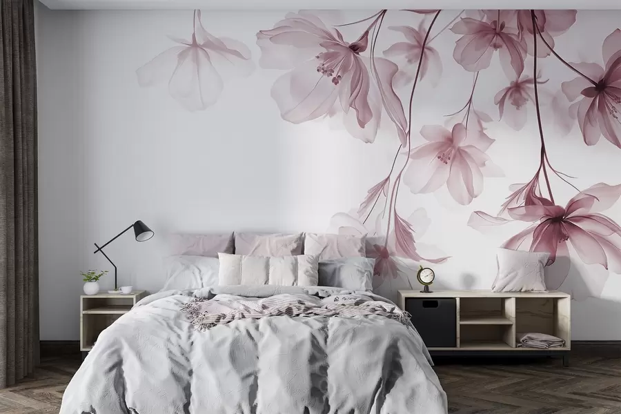 fototapeter Lyserøde blomster med gennemsigtige kronblade hængende fra en gren, lyserød og hvid, minimalistisk moderne kunstkomposition w08911v2