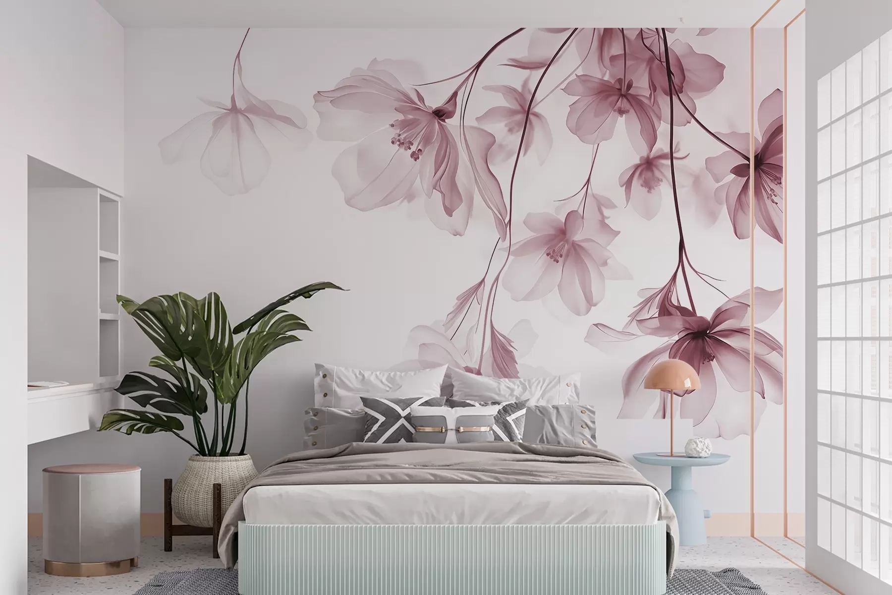fototapeter Lyserøde blomster med gennemsigtige kronblade hængende fra en gren, lyserød og hvid, minimalistisk moderne kunstkomposition w08911v2