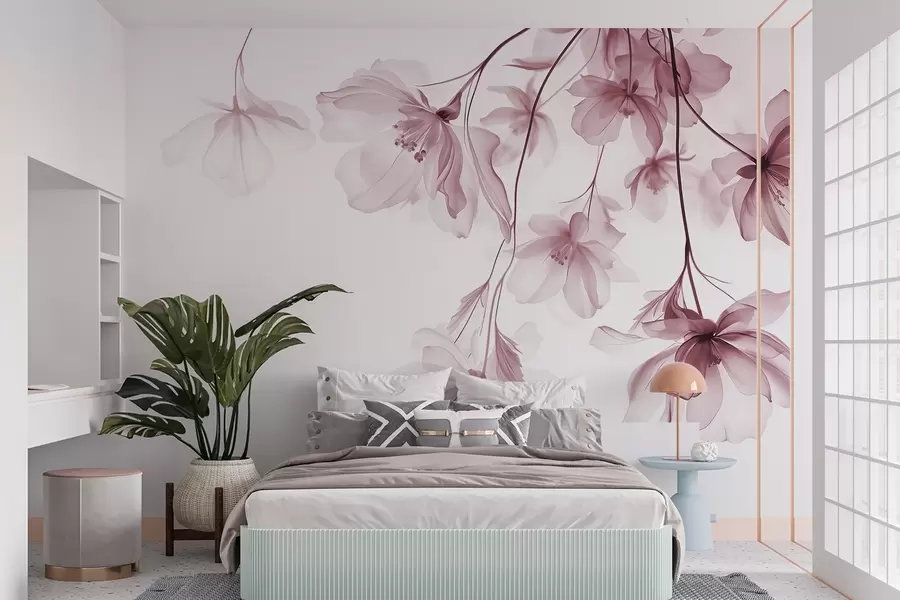 fototapeter Lyserøde blomster med gennemsigtige kronblade hængende fra en gren, lyserød og hvid, minimalistisk moderne kunstkomposition w08911v2