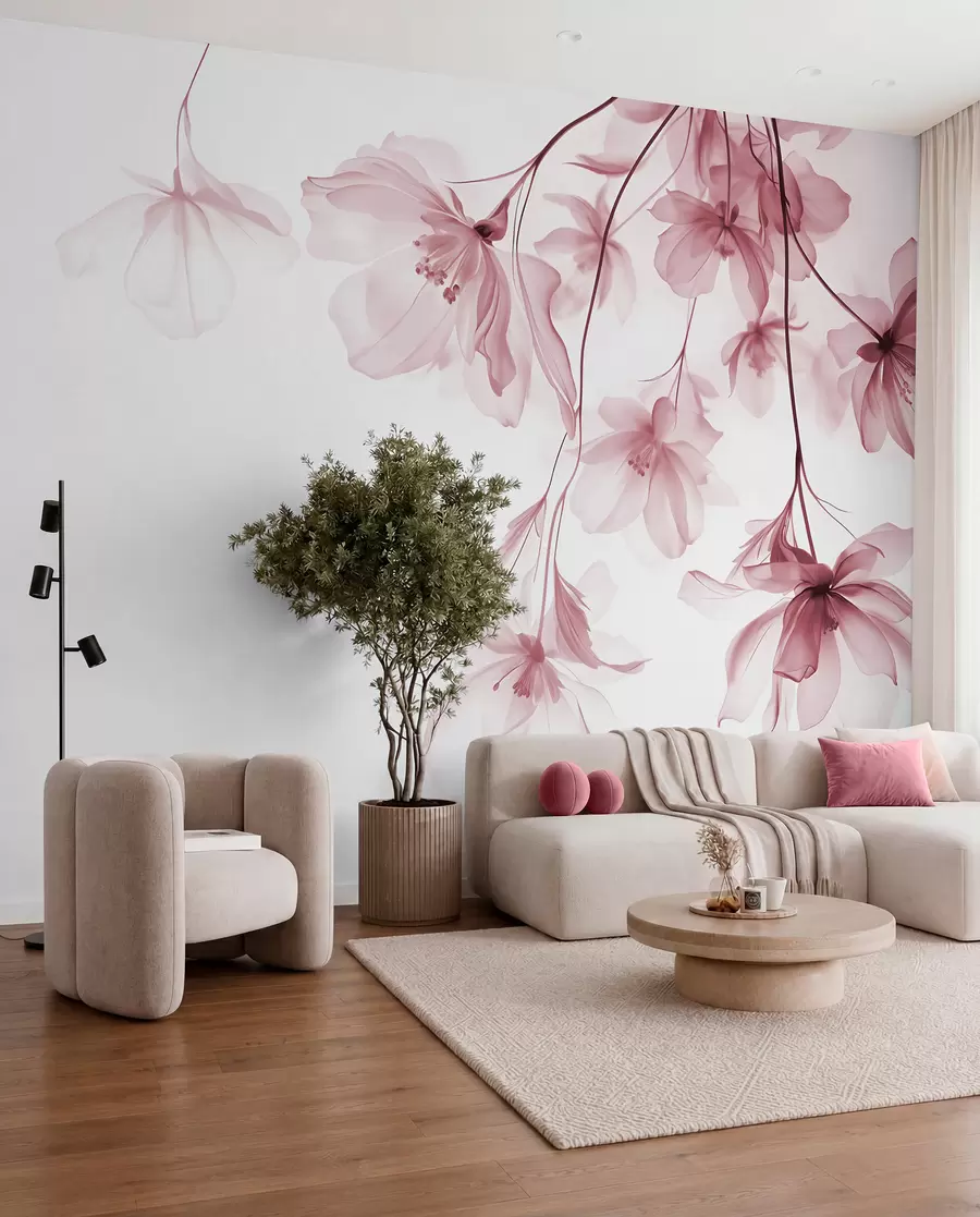 fototapeter Lyserøde blomster med gennemsigtige kronblade hængende fra en gren, lyserød og hvid, minimalistisk moderne kunstkomposition w08911v2