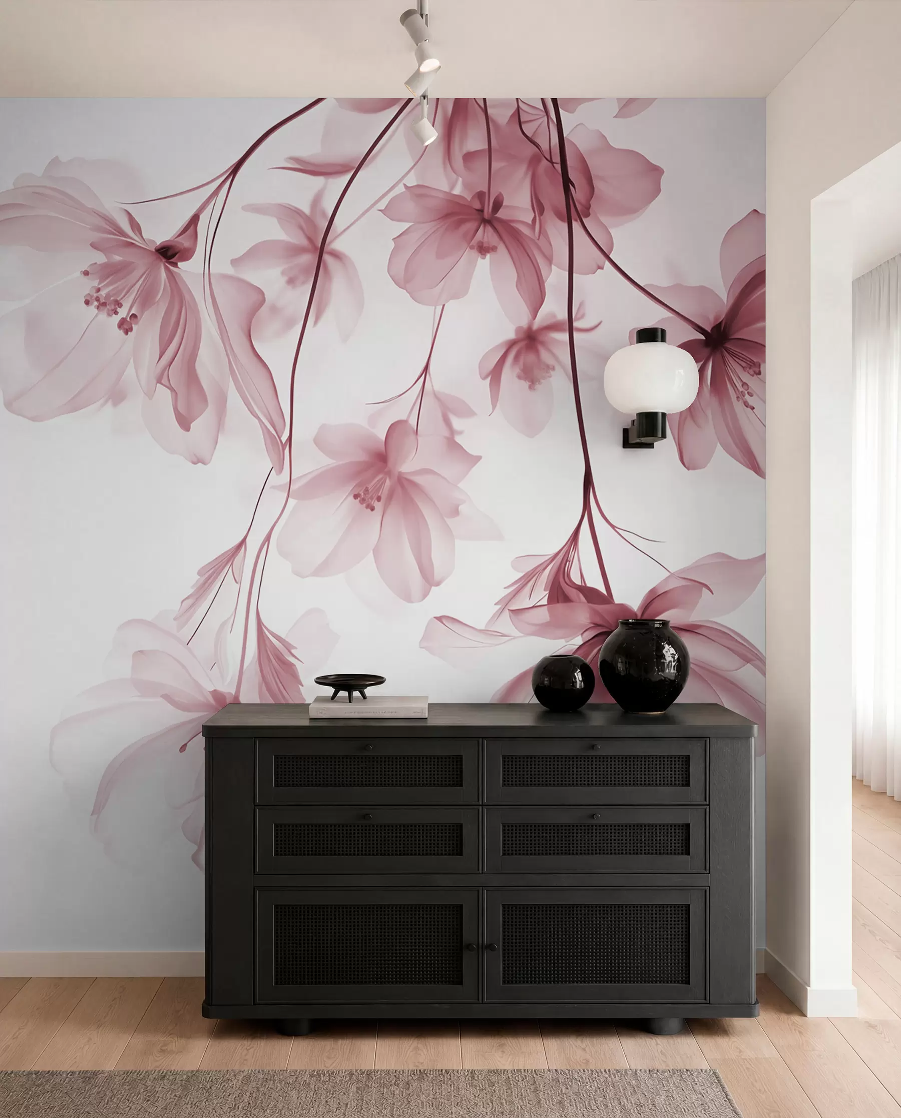 fototapeter Lyserøde blomster med gennemsigtige kronblade hængende fra en gren, lyserød og hvid, minimalistisk moderne kunstkomposition w08911v2