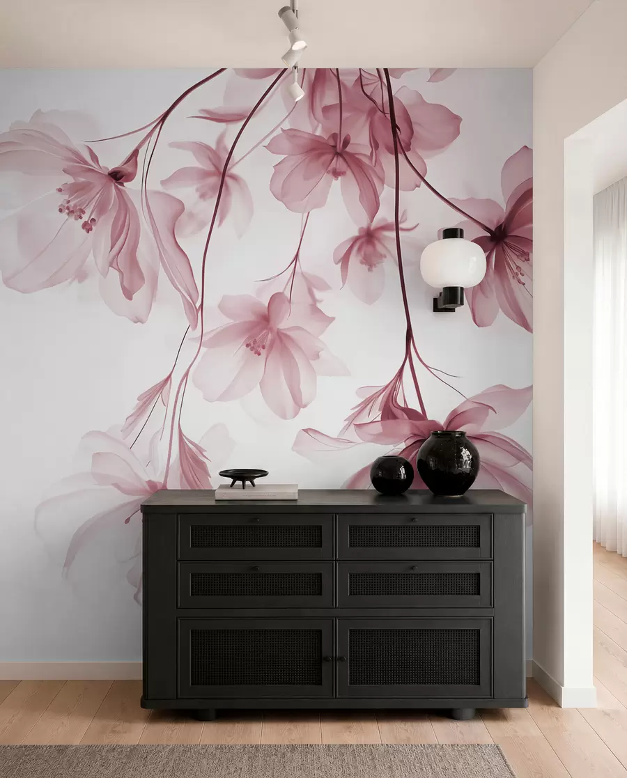 fototapeter Lyserøde blomster med gennemsigtige kronblade hængende fra en gren, lyserød og hvid, minimalistisk moderne kunstkomposition w08911v2