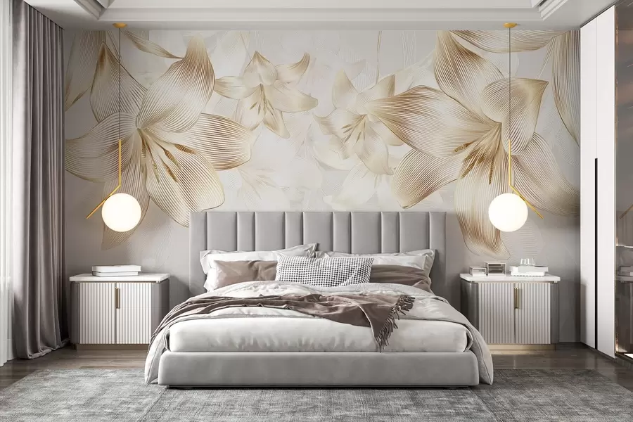 Fototapete Gelbe Lilien mit filigranen Liniendetails, elegantes Blumenarrangement, neutrale Farbpalette w08912