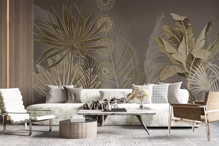 Fototapete Tropische Blätter in Beige- und Brauntönen, Palmenblätter, Bananenblätter und Mandala-Ornamente, dunkler Hintergrund w08913v1