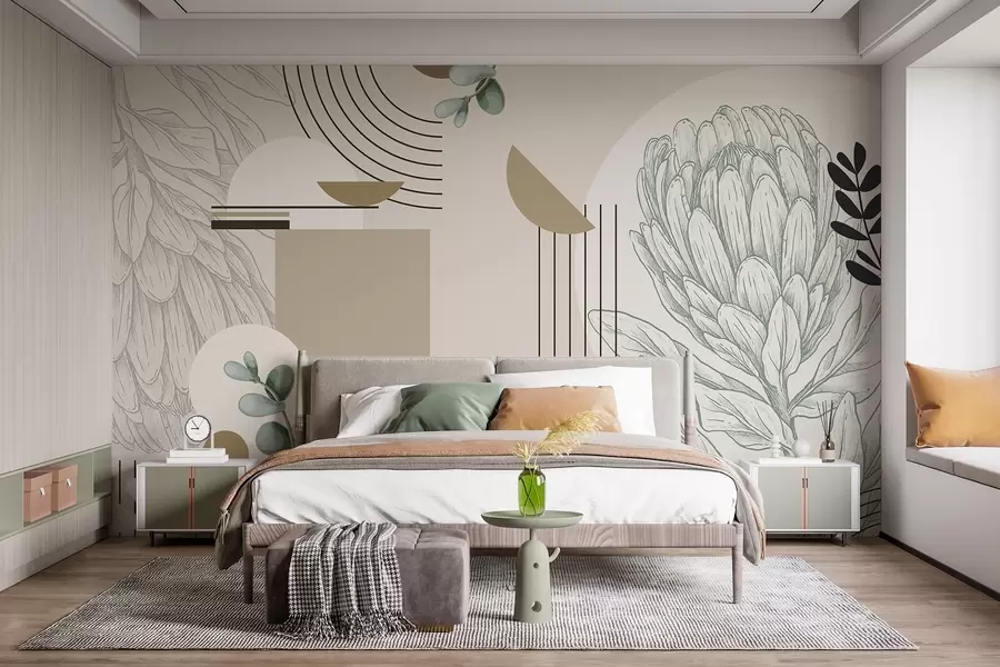 Fototapete Abstrakter botanischer Druck mit Protea-Blüte, Eukalyptusblättern, geometrischen Formen im minimalistischen Stil, Pastellfarben w08914