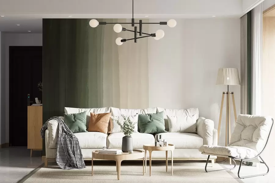 Fototapete Abstrakter minimalistischer Farbverlaufsdruck mit vertikalen Streifen in Dunkelgrün, Beige und Weiß w08915