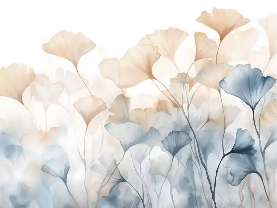 Murale Feuilles de ginkgo en aquarelle bleue et orange, pétales translucides, tiges délicates, palette de couleurs douces w08917