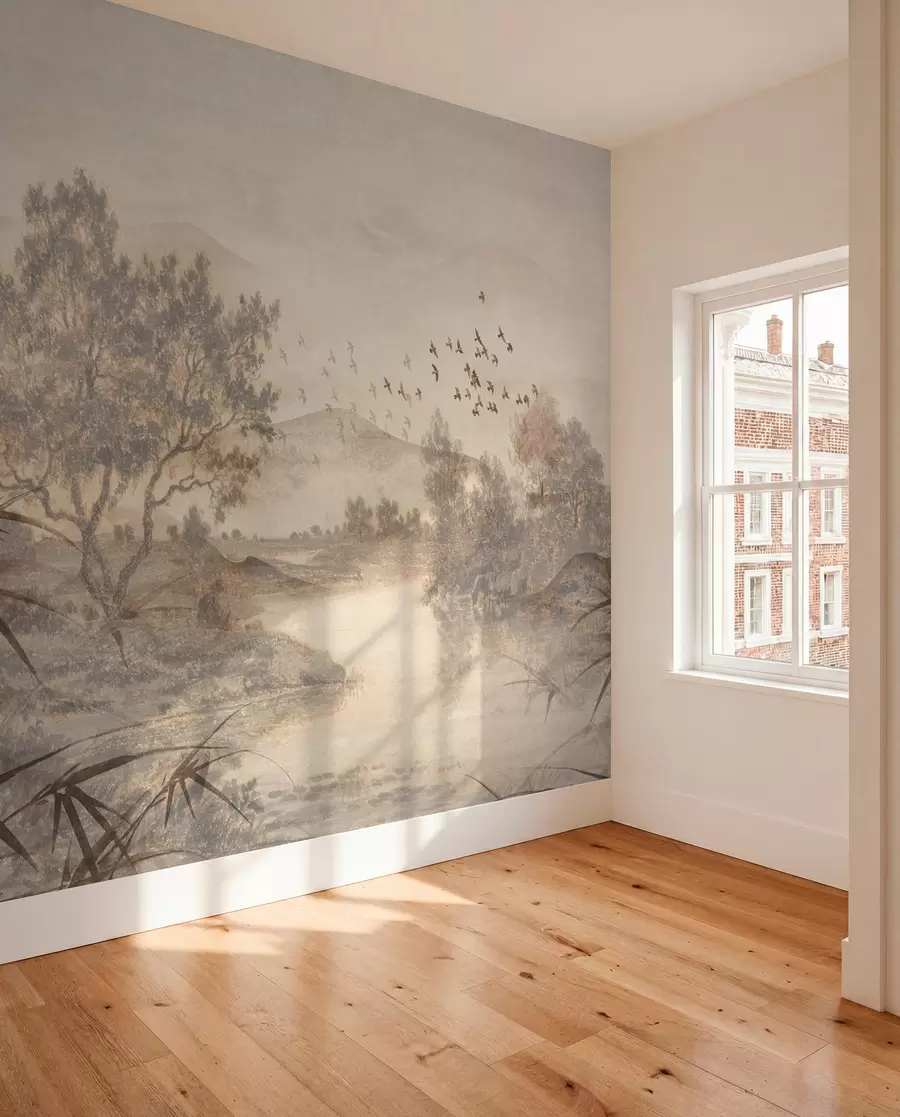 fototapeter Tekstureret vintagelandskab med et træ nær en flod og en overskyet himmel, naturkunst i sepiatoner w08920