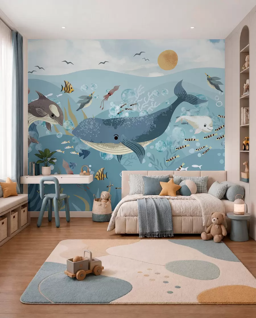 Murale Illustration pour enfants avec une baleine bleue entourée de poissons, de calamars et de méduses dans un océan bleu avec des bulles w08921