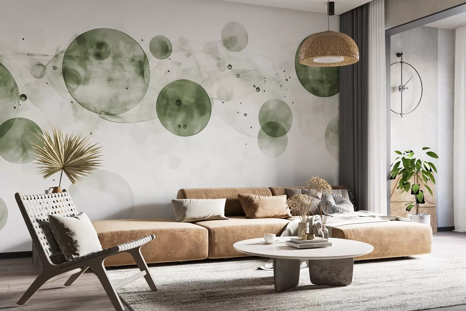 fototapeter Cirkler i akvarelstil, abstraktion, æterisk, flydende kunst, grønne farver w03405v1