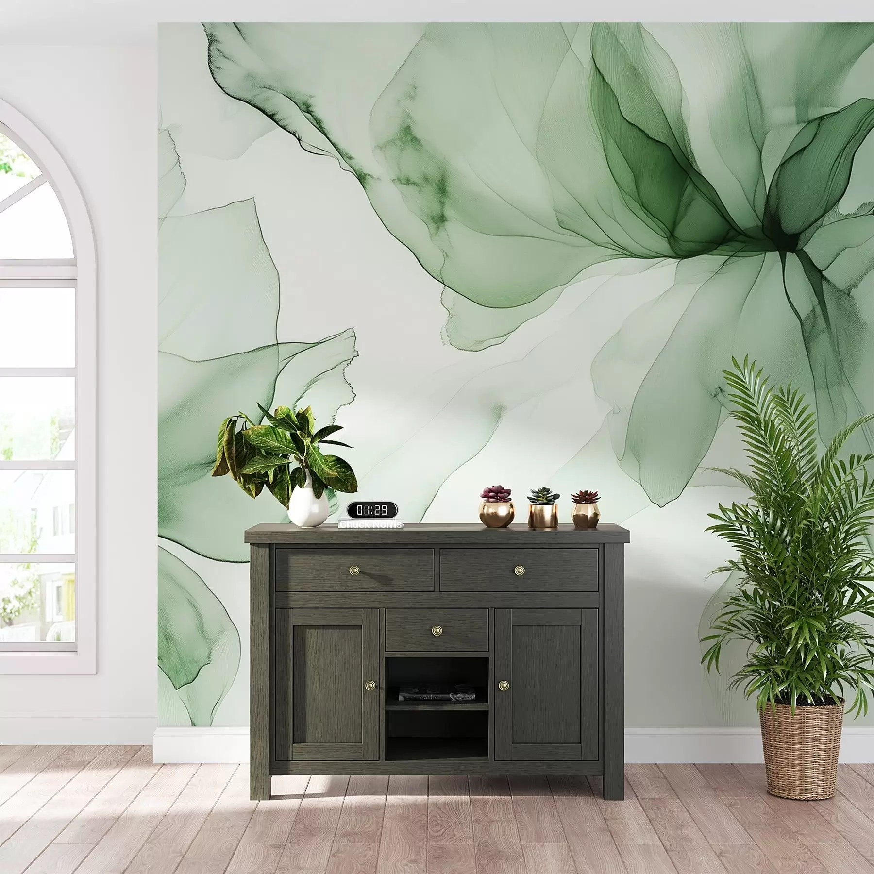 fototapeter Blomster i flydende stil, blomsterabstraktion, akvarel, grøn farvepalet  w03406