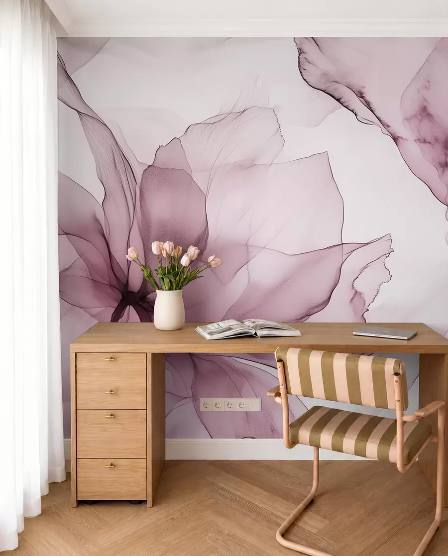 Murale Fleurs de style fluide, abstraction florale, aquarelle, palette de couleurs rose w03406v1