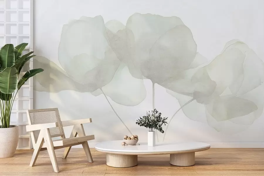 Fototapete Schöne Blumen, weiche Pastellfarben, Minimalismus, natürlich, rustikal, beige und grün w03407