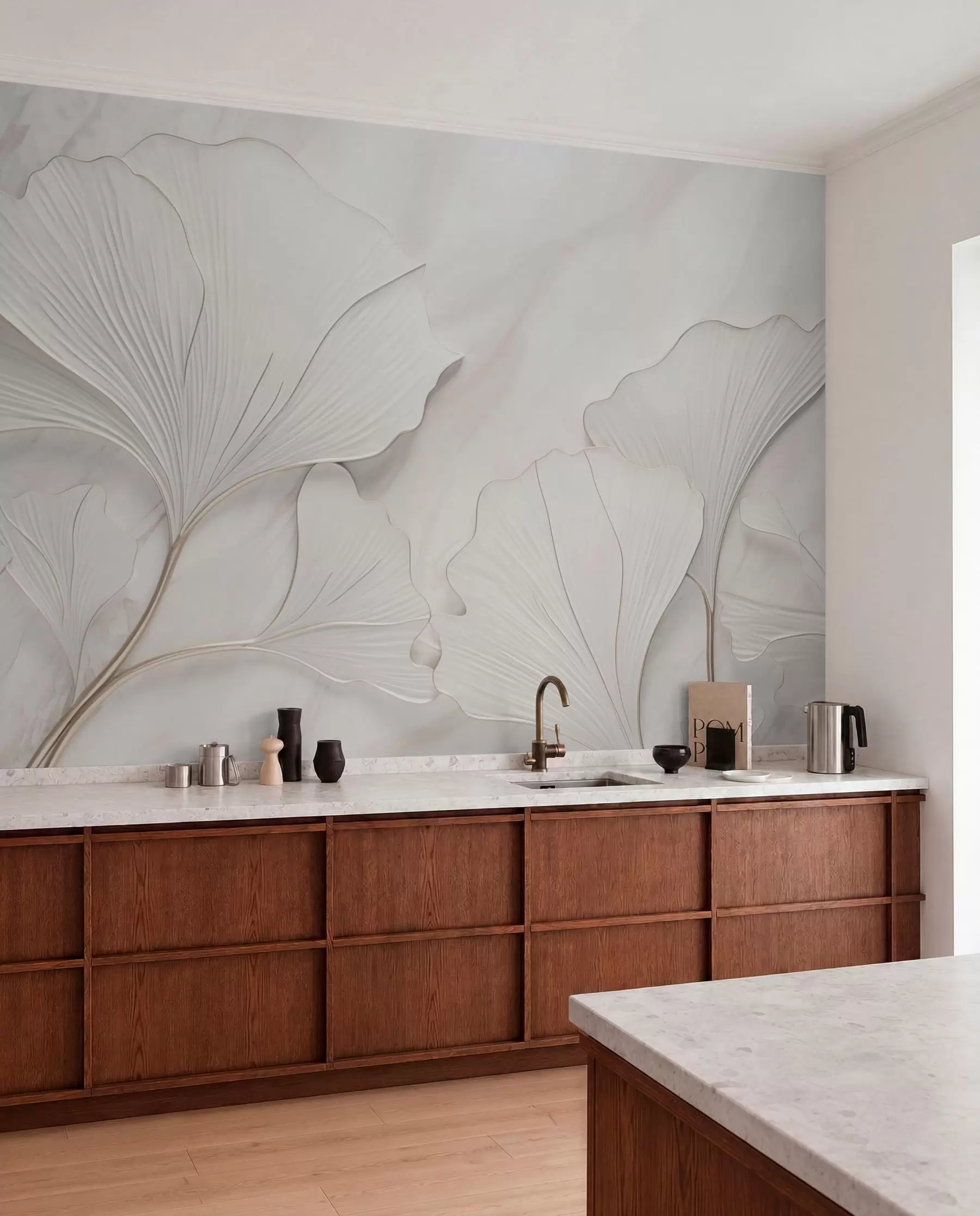 Murale Feuilles pastel sur fond de marbre w03440
