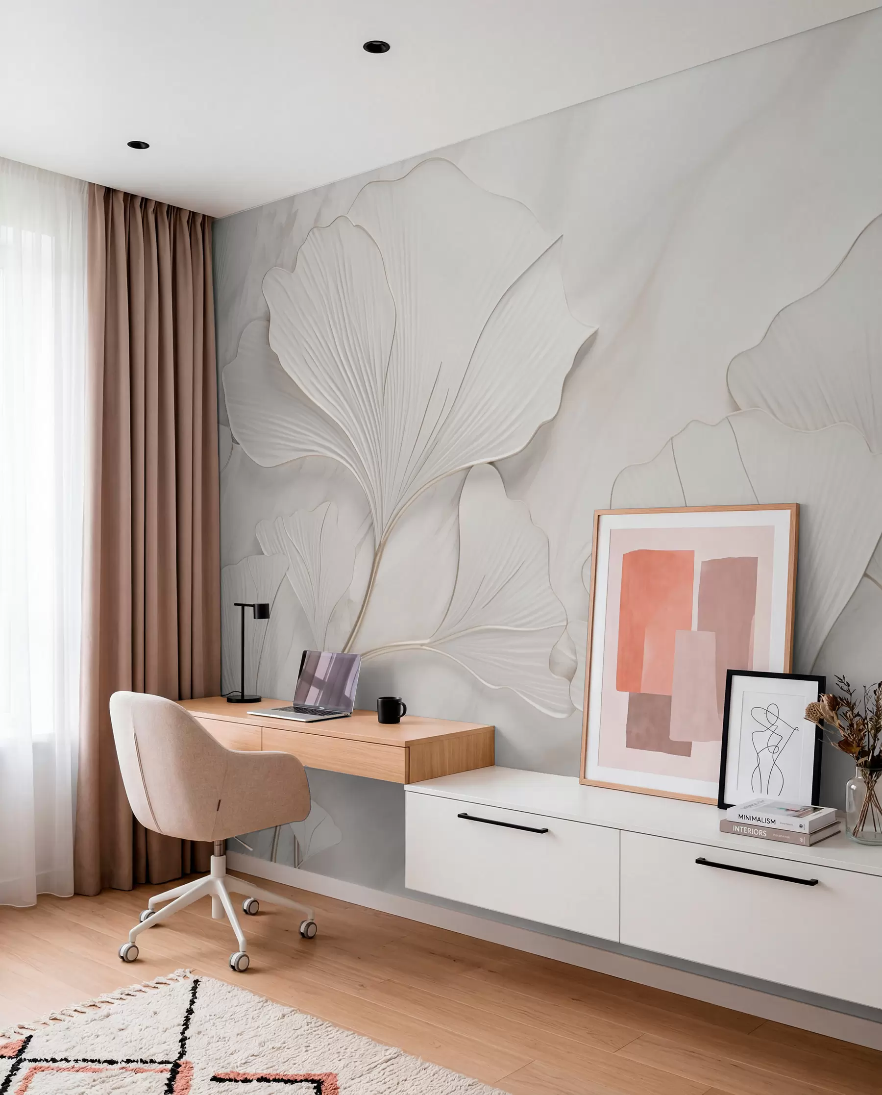 Murale Feuilles pastel sur fond de marbre w03440