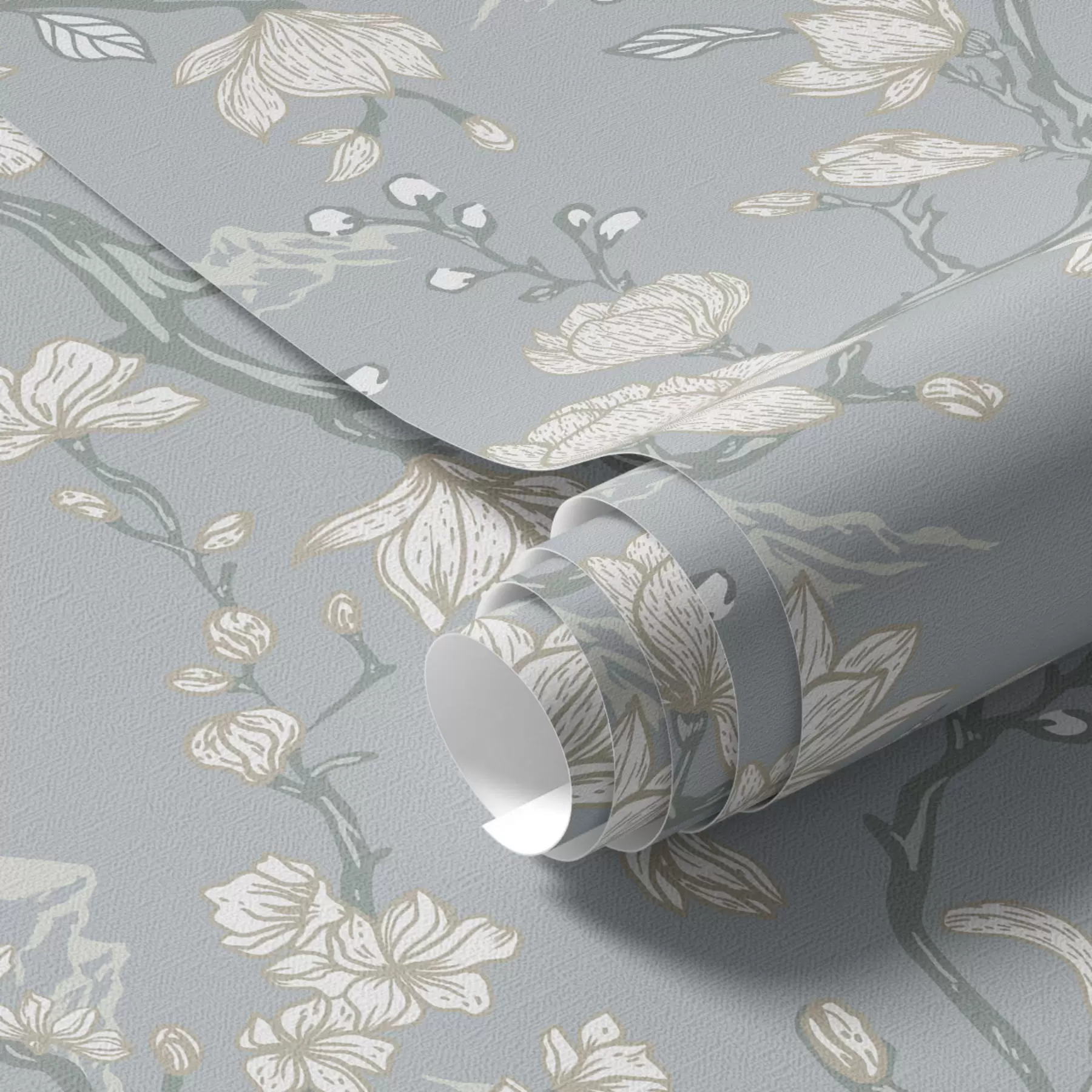 Fototapete Weiße Blumen auf Zweigen und Berge auf blauem Hintergrund a00021