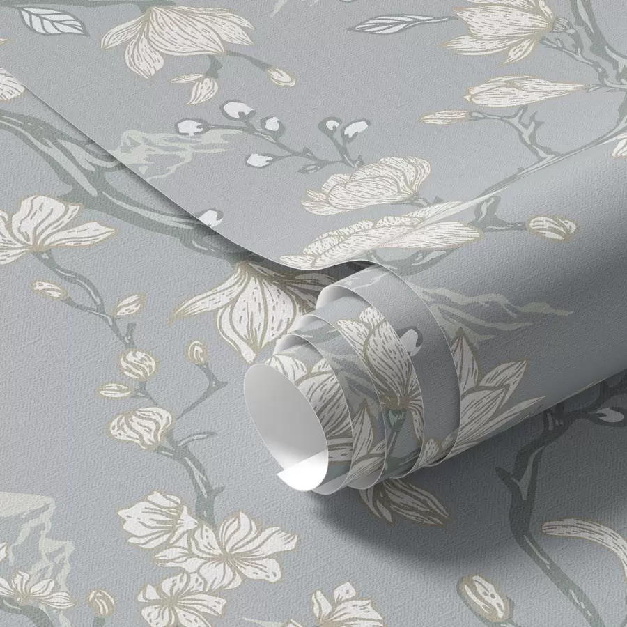 Murale Fleurs blanches sur branches et montagnes sur fond bleu a00021