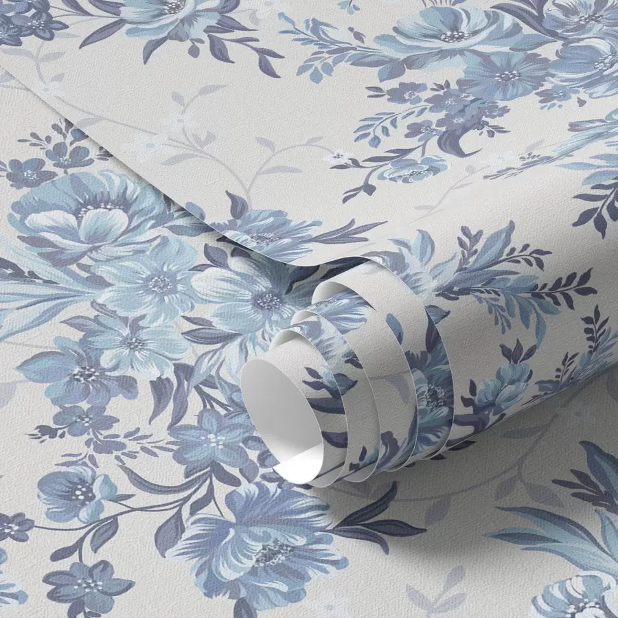 Fototapete Zarte Blumen und Blätter in blauen und blauen Farben auf einem hellen Hintergrund a00027